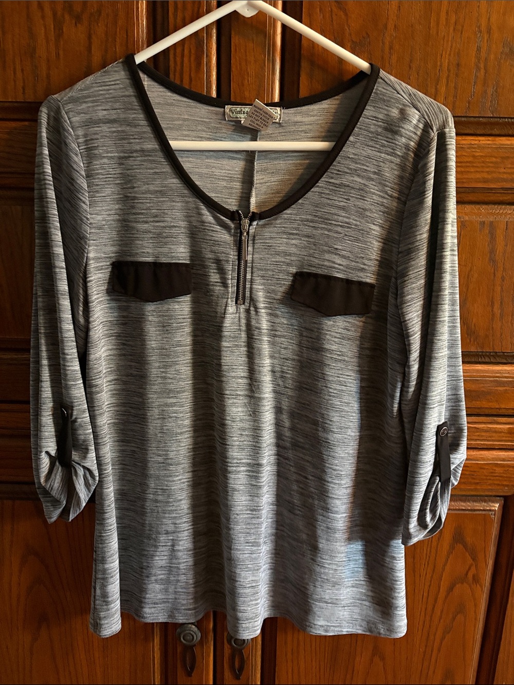 Vintage Suzie Grey Heather Zip-Front Long Sleeve Top with Black Trim